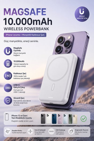 thekam Premium 10.000mAh MagSafe Uyumlu Manyetik Powerbank