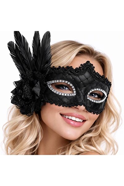 Marsilyan Black Feathered Venetian Luxury Ball Mask () Ilkel-Grp9Y84