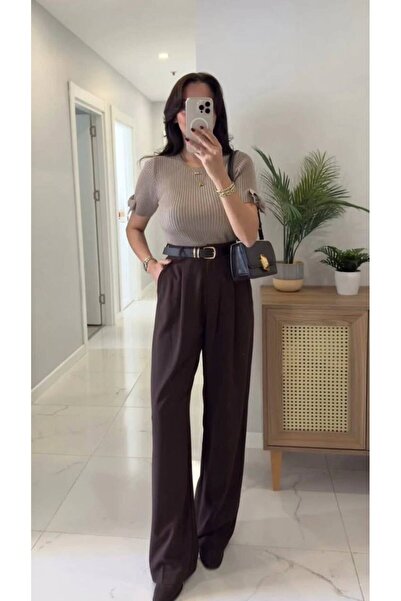 Olbia Women's Brown High Waist Palazzo Trousers with Pockets