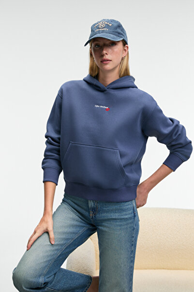 ETHIQUET MELUREA Kadın Nakışlı Kapüşonlu Comfort Fit Koyu Mavi Sweatshirt