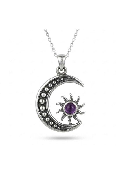 craftmystic Колие от сребро 925, слънце и полумесец с естествен аметист – бал...