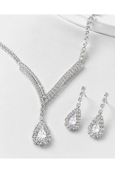 Generic Brand Women's Silver Tone Rhinestone Necklace & Drop Earrings Set, V-...