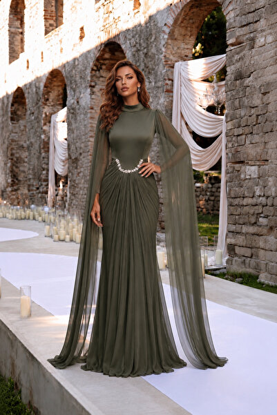 Hennin Stone Embellished Cape Detailed Special Evening Dress