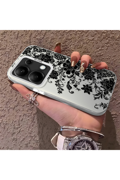 CHICASELUX حافظة لهاتف Poco M6 Pro 4G متوافقة مع نمط زهرة الدانتيل الأسود الأ...
