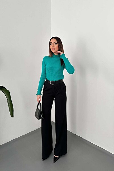 Clothes Fast Women's Green High-Necked Hair Knit Patterned Ruffle Cuff Long S...