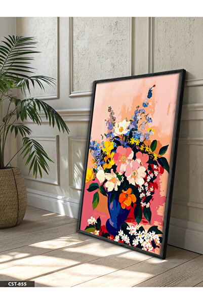 Evinemoda Vase with Live Colorful Flowers One Piece Wooden Framed Painting
