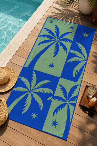 Evmila Retro Blue Green Palm Tropical Coastal Patterned 70X150 Beach Towel - ...