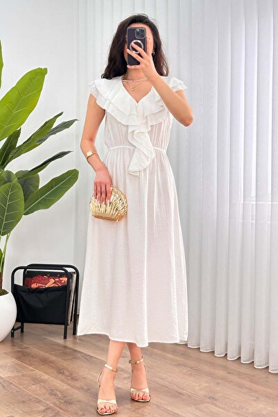 Moda Days Women's White Midi V-Neck Ruffle Detailed Woven Dress with Elastic ...