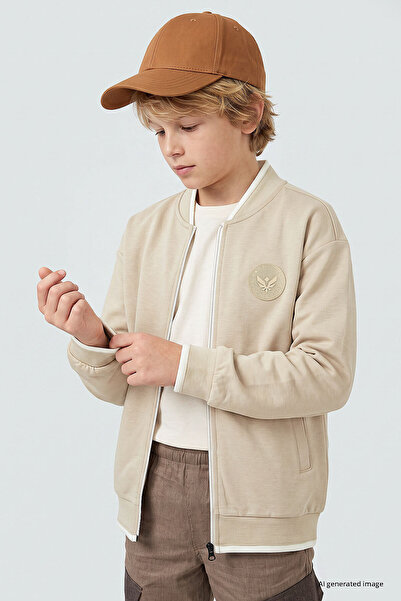 TOMMY LIFE Beige Standard Fit College Collar Zippered Basic Boys' Jacket - 11326