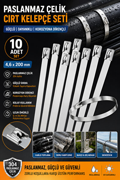 Binbirreyon 10 Adet Paslanmaz Çelik Cırt Bağ Kelepçe 4,6x200mm CE132