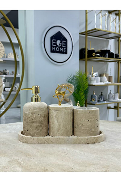 ege gross Decorative Travertine Natural 4-Piece Bathroom Set with Gold Details