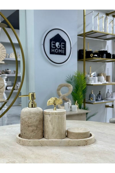 ege gross Decorative Travertine Natural 4-Piece Bathroom Set with Gold Details