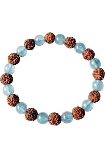 Moon of Noon Rudraksha & Aquamarine Beaded Bracelet 8mm – Natural Blue Gemsto...