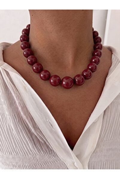 Esdem Accessories Büyük Bordo İri Boncuklu İddialı Akrilik Kolye