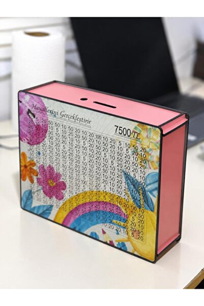 abnturk 7500TL Ahşap Pembe Çiçekli Hedef Kumbara-Para Biriktirme Kutusu 23,5x...