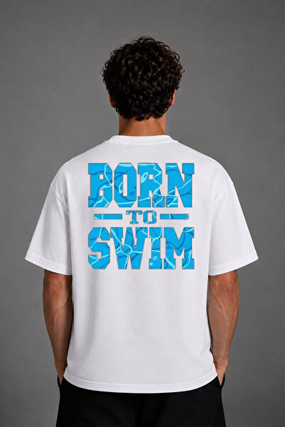 VSRN Tricou oversize alb cu imprimeu pe spate, design Born To Swim