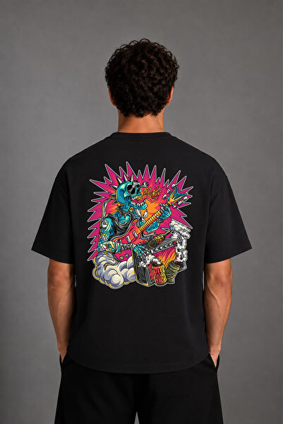VSRN Tricou negru supradimensionat cu imprimeu pe spate Rocker Skeleton Design