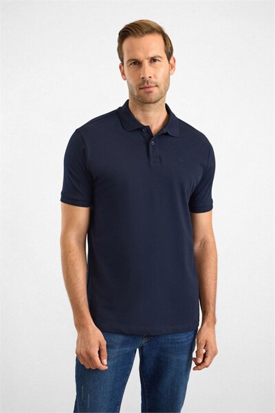 SÜVARİ Lacivert Slim Düz Nakışlı Pike Düğmeli Polo Yaka Tişört