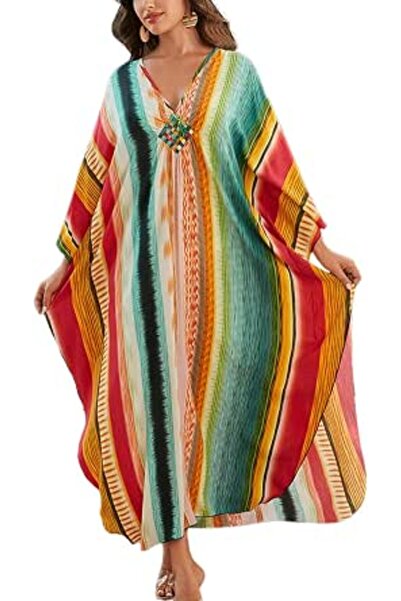 YouKD Maxi Dress V-Neck Kaftan Boho Robes Beach Cover-ups Dress Maxi Garment ...