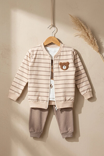 Babydonat Erkek Bebek Bej Çizgili Ayıcık Nakışlı 3'lü Takım - Pamuklu Fermuarlı Hırka Ve Rahat Jogger Alt Set