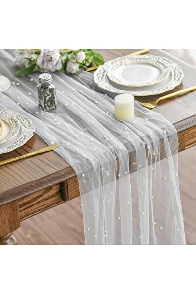Generic Brand Light blue tablecloth adorned with white pearls - silky soft me...