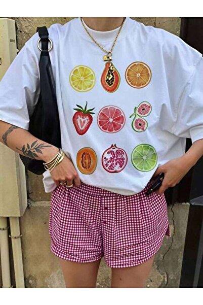 LİNA06 Fruit Print, Women's Fruits Design, Pure Cotton T-Shirt, Summer Wear, ...