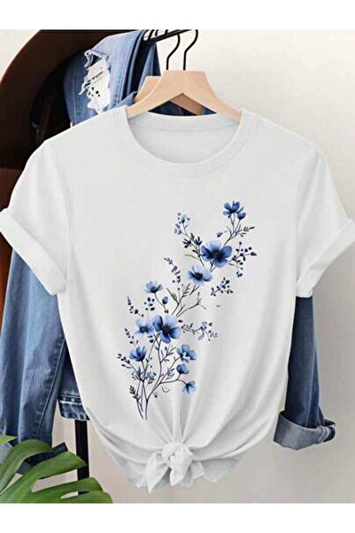 23ERVA Floral Print, Women's Blue Flowers Design, Pure Cotton T-Shirt, Spring...
