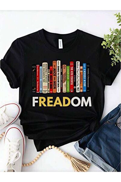 23ERVA Book Lover, Women's Freadom Bookshelf Design, Pure Cotton T-Shirt, Cas...