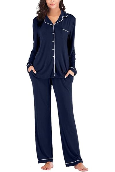 Aamikast Women's Long Pyjama Sets with Button Placket, Two-Piece Sleepwear, L...