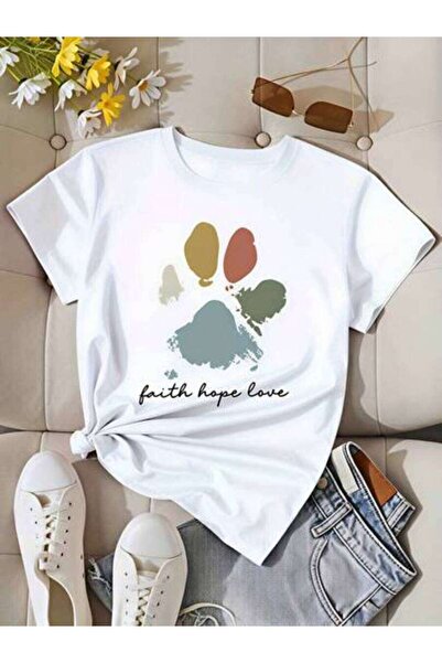 NOURAM Women's Faith Hope Love Paw Print Design, Pure Cotton T-Shirt, Spring ...