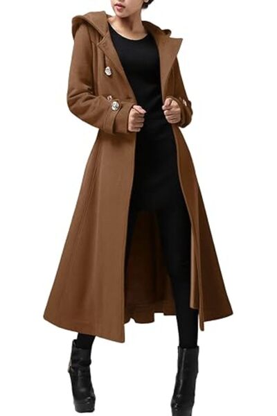 Cicy Bell Womens Long Double-Breasted Hooded Coat Warm Woolen Coat with Belts