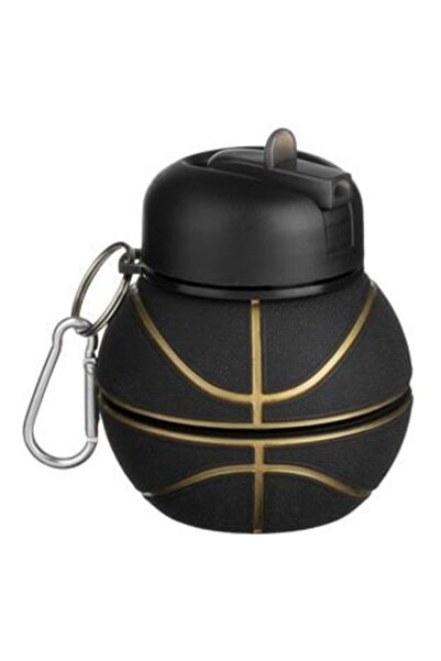 OEM Black-Orange Basketball Collapsible Silicone Water Bottle with Keychain 5...
