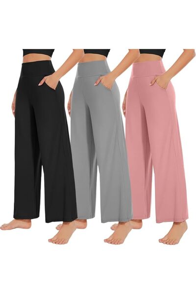 Newbie NEW YOUNG 3 Pack Women's Wide Leg Pants with Pockets High Waist Loose ...