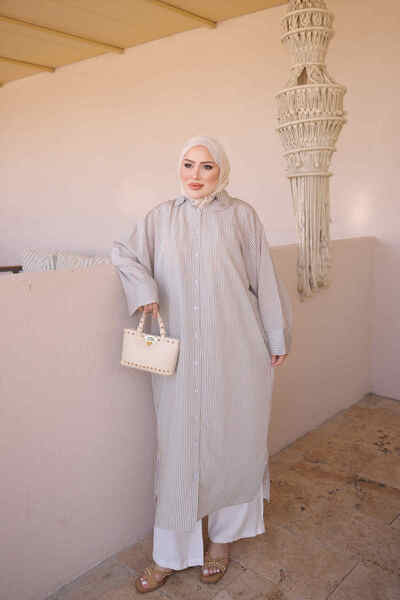 İmajButik Beige Striped Long Loose Tunic