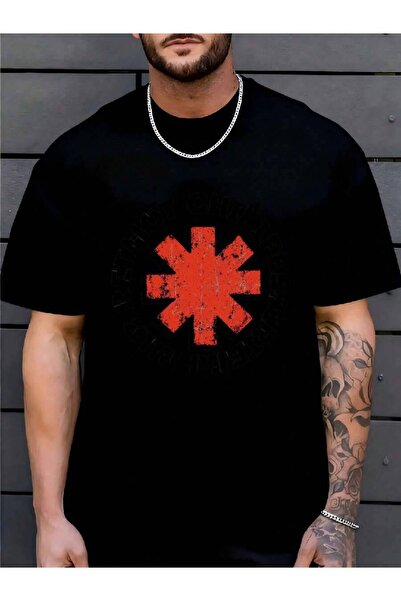 4Car Men'S Black Graphic T-Shirt With Bold Red Star Design - Short Sleeve Cre...