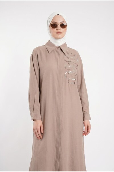 Armine TREND Gizli Patlı Tam Boy Düğmeli Gömlek Yaka 120 cm Boy Tunik Açık Vi...