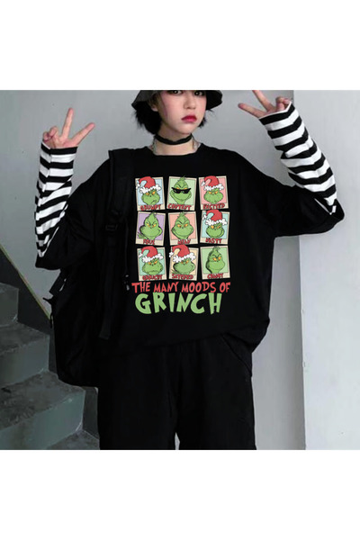 DEEFWEAR Mi̇ngalondon Grinch Christmas Printed Fake Sleeves Unisex Black T-Shirt