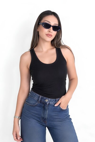 MOVİMENT Black Fitted Pool Neck Tank Top |   Thick Strapped Ribbed Camisole K...