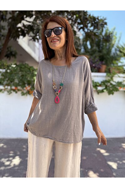 DenizEge Italian Cotton - Linen Textured Blouse with Pendant Mink