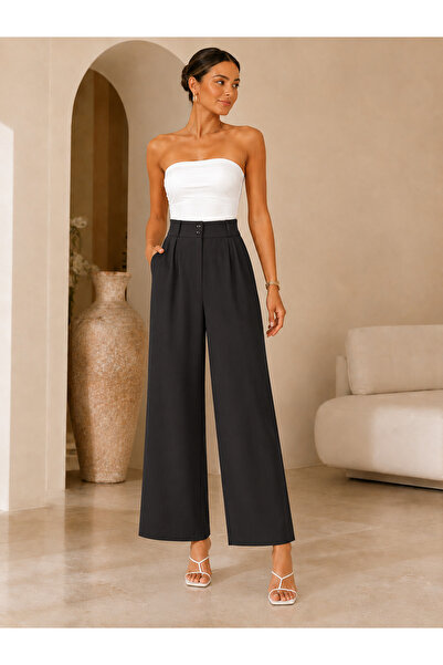 moda sara Women's Black High Waist Double Buttoned Wide Leg Palazzo Fabric Tr...