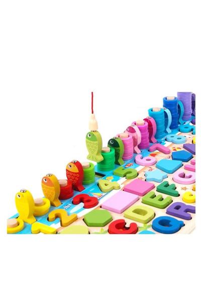 IM FineLife 6 in 1 Wooden Montessori Educational Board - Logarithmic Board | Alphabet, Numbers, Shapes, Color Sorting, Stacking Rings & Fishing Game | Ages 3+