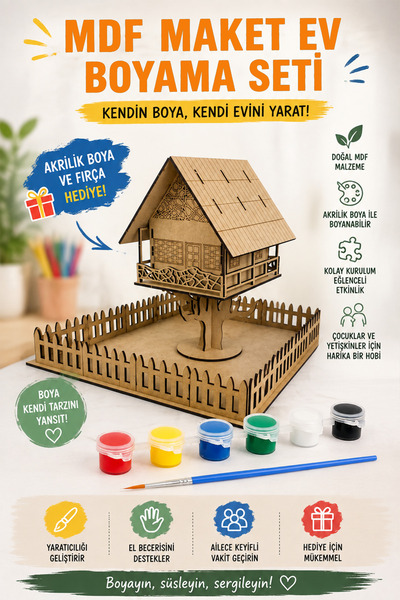 kutuTR MDF Ağaç Ev Maket Boyama Seti | Akrilik Boya ve Fırça Hediyeli | Kendi...