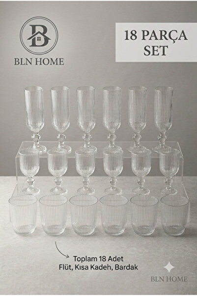 BLN HOME 18 Parça Yivli Çizgili Cam Bardak Seti - 6 Kişilik Su, Meşrubat ve A...