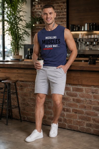 WaveArt Men's Regular Cut 100% Cotton Crew Neck Sleeveless Elastic Pocket Pajama Set Anti-Sweat
