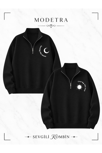 Modetra Unisex Women's and Men's Sun and Moon Printed Half-Zipper Stand Colla...