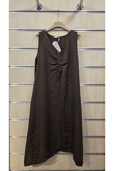 Park Moda Italian Sleeveless Linen Dress with Gathered Collar