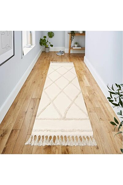 GENERAL Rug Runner Hallway, Boho Beige Tufted Cotton Rug with Woven Tassels, ...