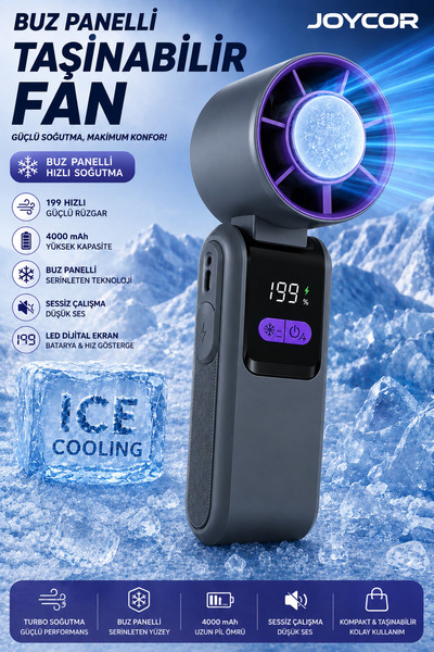 JOYCOR Buz Panelli Turbo Soğutmalı El Fanı 199 Kademeli Güçlü Rüzgar 4000mAh ...