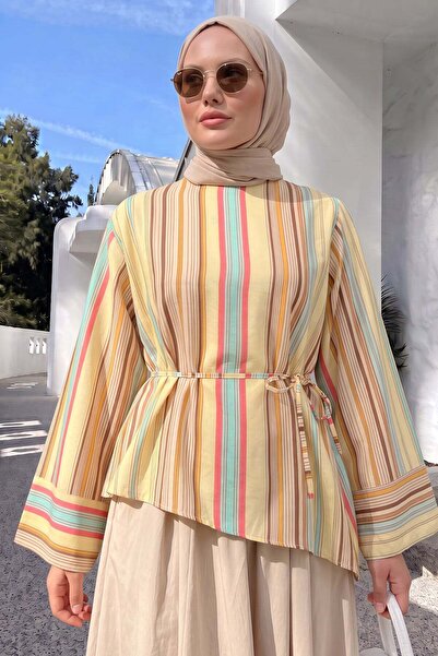 Salih Çelebi Striped Asymmetrical Blouse Y0166 - Yellow