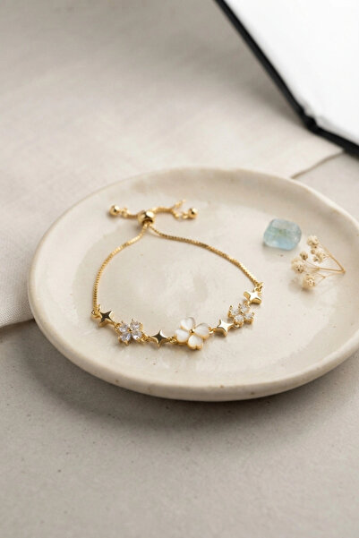 SORA GROUP Gold Color Zircon Stone Brass Pearlescent Clover Model Elevator Br...
